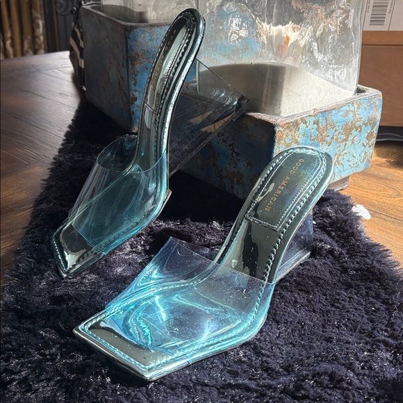 Good American TPU Blue Cinderella Square Toe Lucite Wedge Shoe Size 11 - Picture 2 of 6
